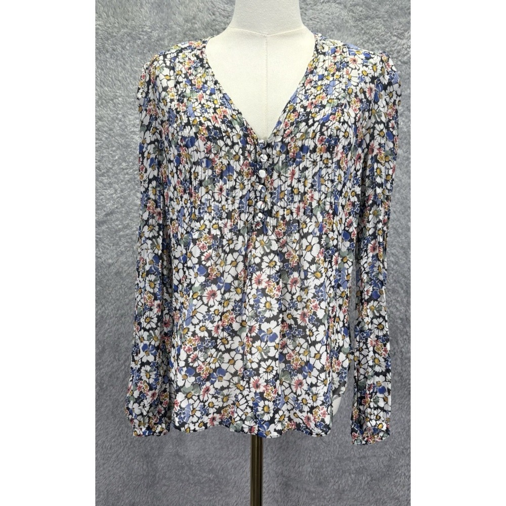 Veronica Beard Womens 4 100% Silk Floral Blouse Pintuck V Neck Button Boho Top